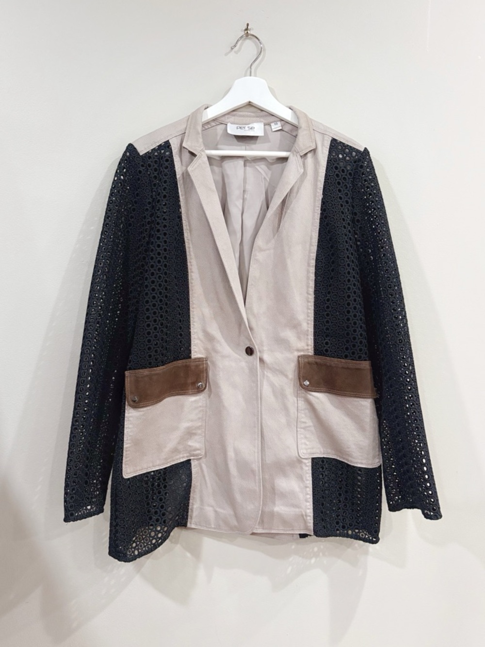 Per Se by Carlisle Blazer Jacket Women 10 Beige Eyelet Lace Suede Trim Chic